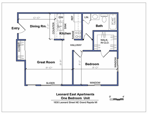 Floor plan for 1 bed, 1 bath, 700 sqft